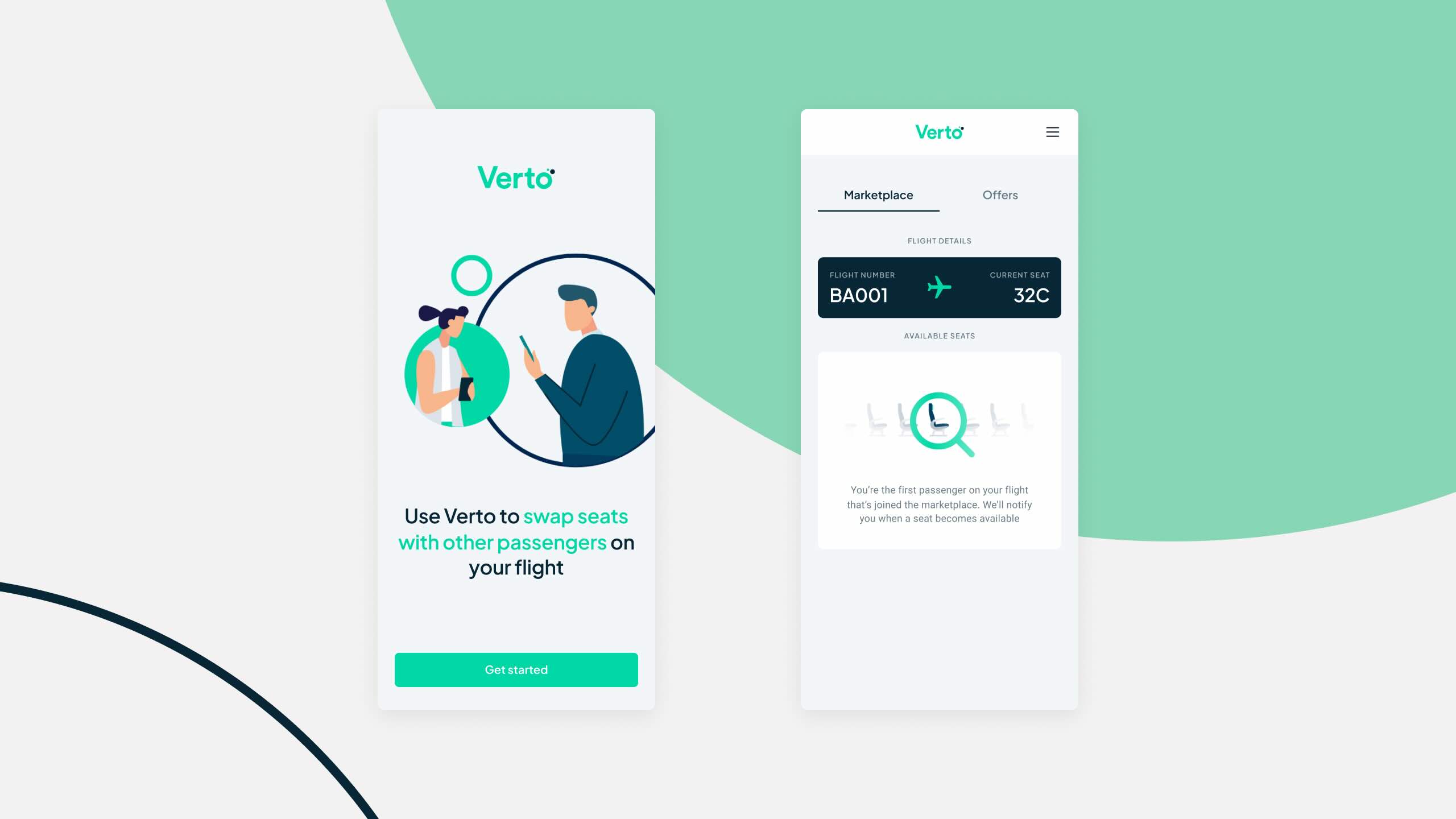 Verto seat-swapping marketplace screens