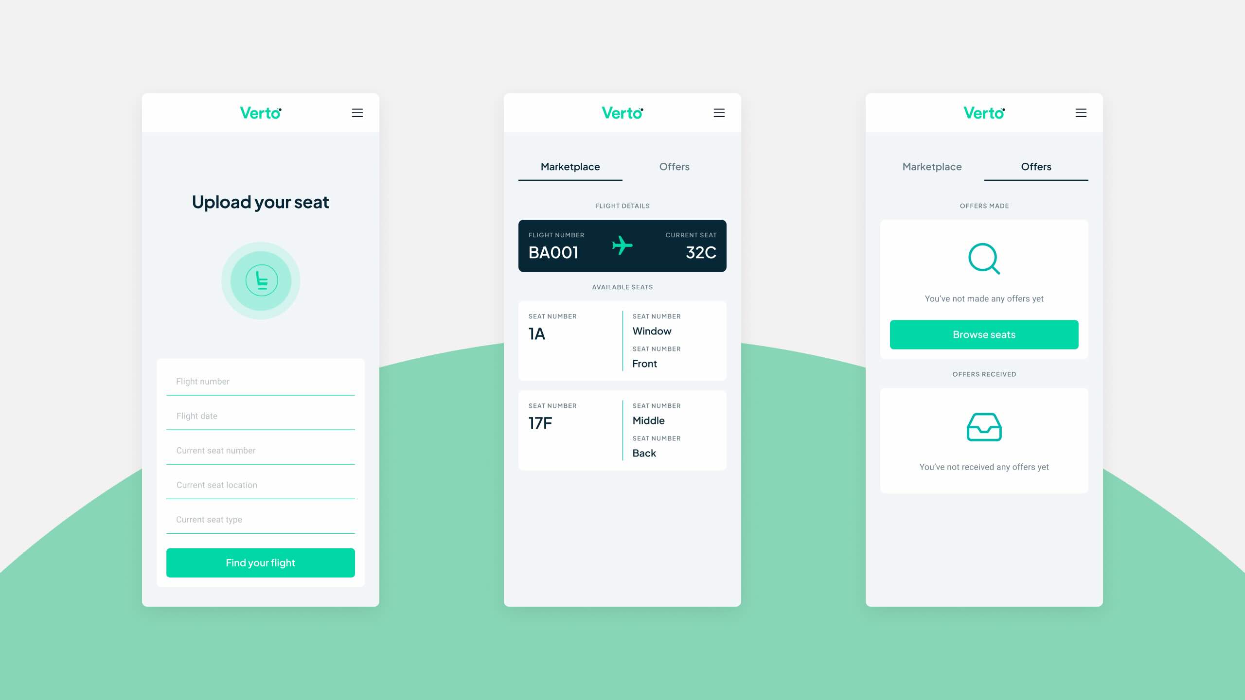 Verto seat-swapping marketplace screens