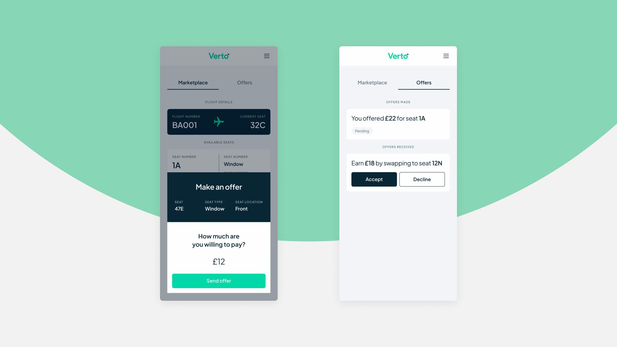 Verto seat-swapping marketplace screens